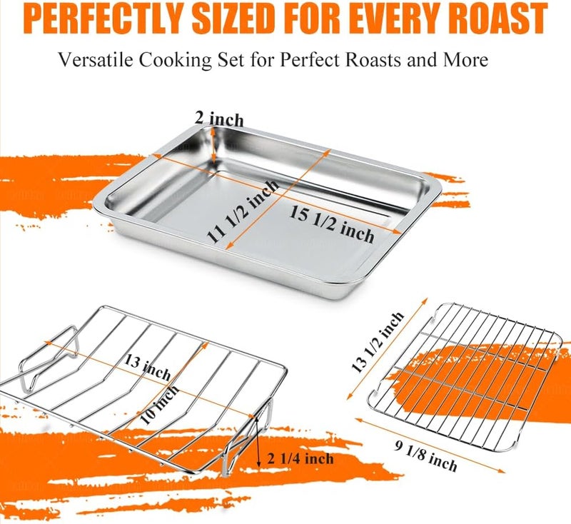 Dallden 15.5 Inch Turkey Roasting Pan with V-Rack, Stainless Steel Turkey Roaster Pan for Ovens, with V & Flat Rack Meat Claws Brush, Deep Broiling Pan for Turkey Chicken Ham - Image 3